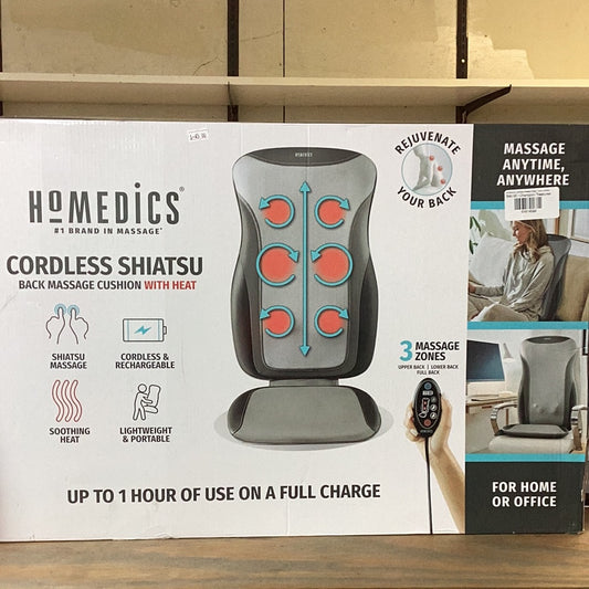 HoMedics Cordless Heated Deep Tissue Shiatsu Massage Cushion with 3 Massage Zones For Full Back Massage Coverage and Rechargeable Battery