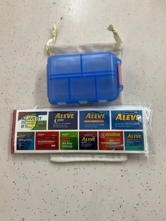 Travel pill case and labels