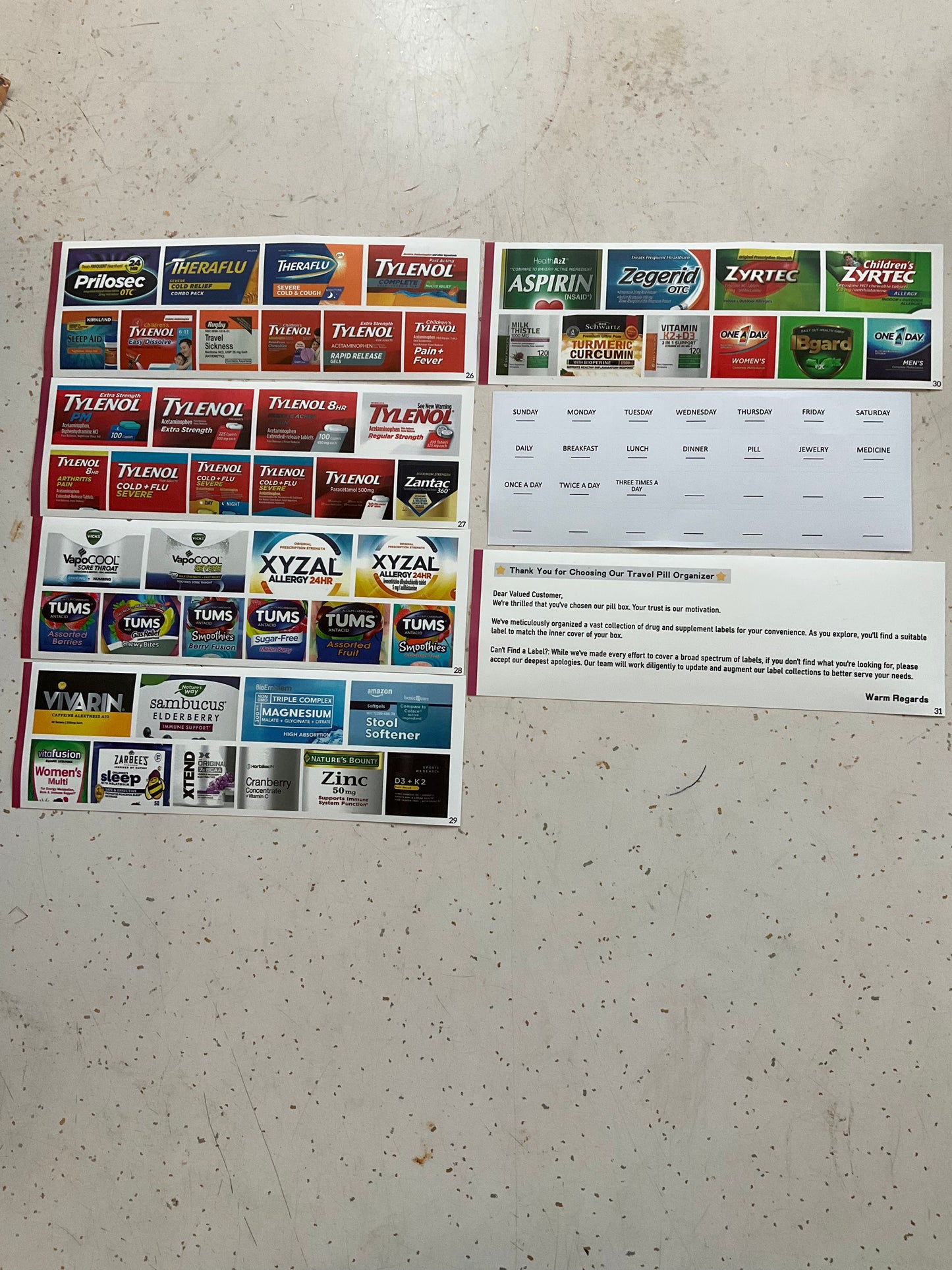 Travel pill case and labels