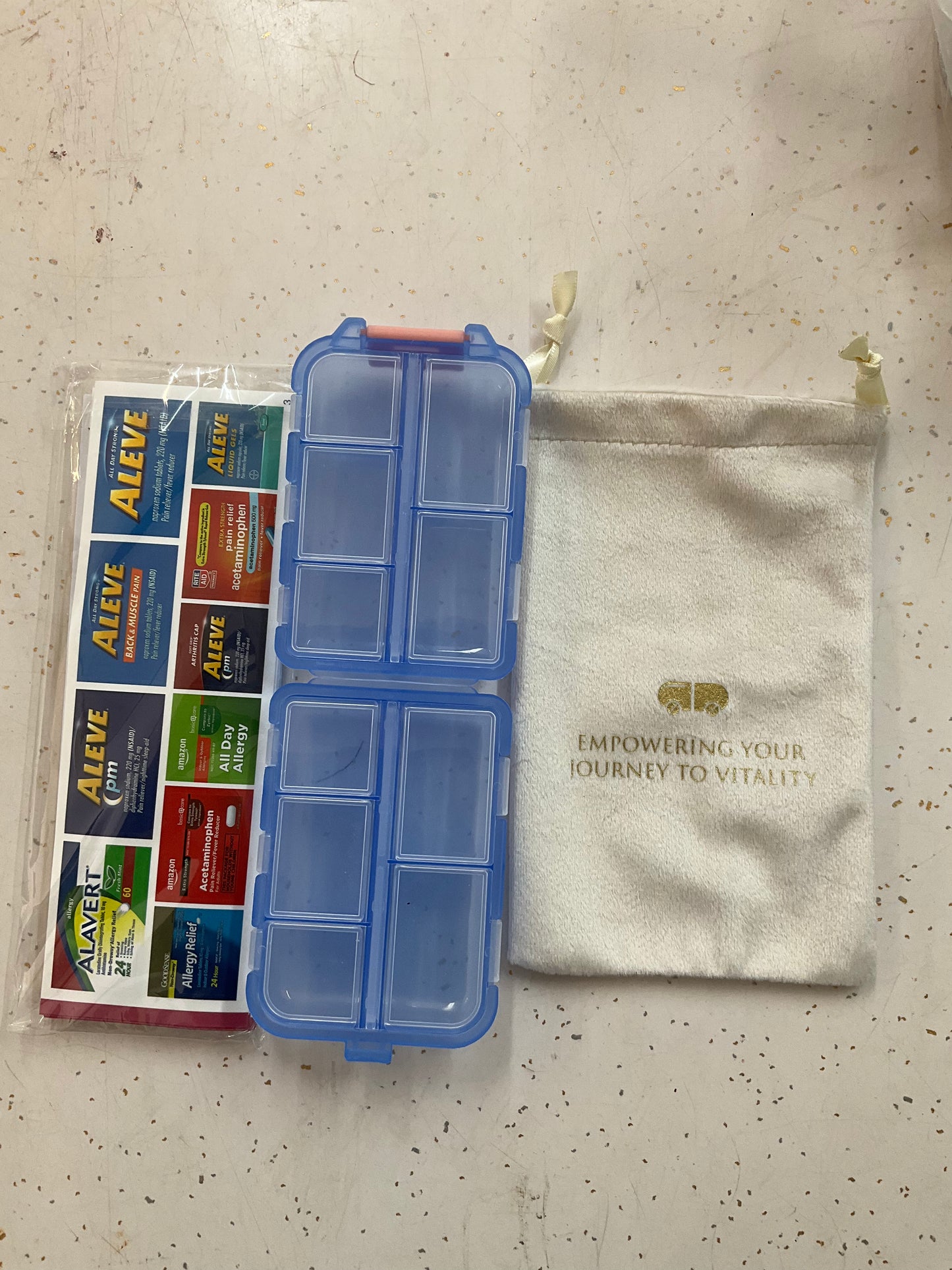 Travel pill case and labels